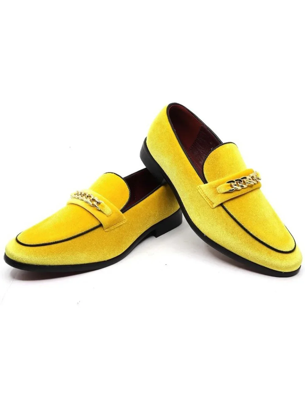 Metrocharm Men's Yellow Vintage Velvet Loafers Gold Chain Buckle Slip On Shoes